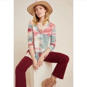 Eri + Ali Anthropologie Peplum Tie Dye Ruffle Hem Thermal Long Sleeve Top Shirt
